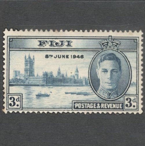 Fiji 1946 3d Blue King George V Victory End of World War II Stamp - Perfin: 13.5x14.0