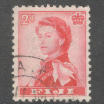 Fiji 1959 2d Red Queen Elizabeth II Stamp - Perfin: 11.5