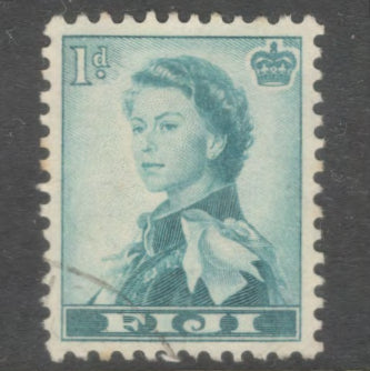 Fiji 1959 1d Blue Queen Elizabeth II Stamp - Perfin: 11.5
