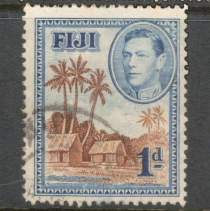 Fiji 1938 - 1949 1d Blue / Brown King George VI Local Motifs Stamp - Perfin: 12.5
