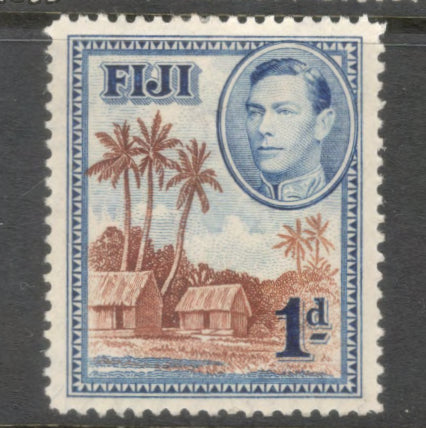 Fiji 1938 - 1949 1d Blue / Brown King George VI Local Motifs Stamp - Perfin: 12.5