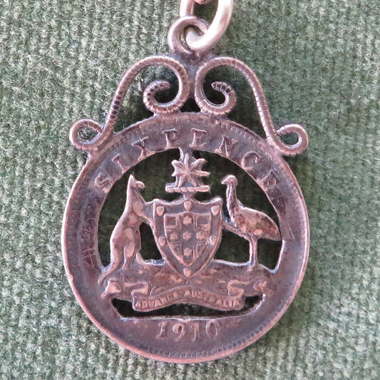Silver 1910 Six Pence Fob With The Coat Of Arms In Frettwork