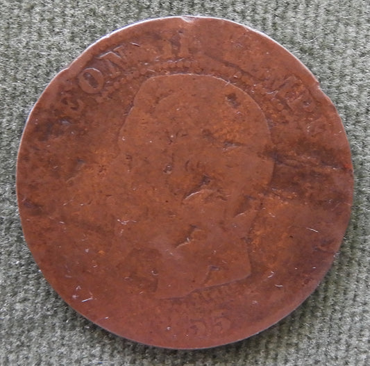 France 1855 5 Centimes Napoleon III Coin - Worn