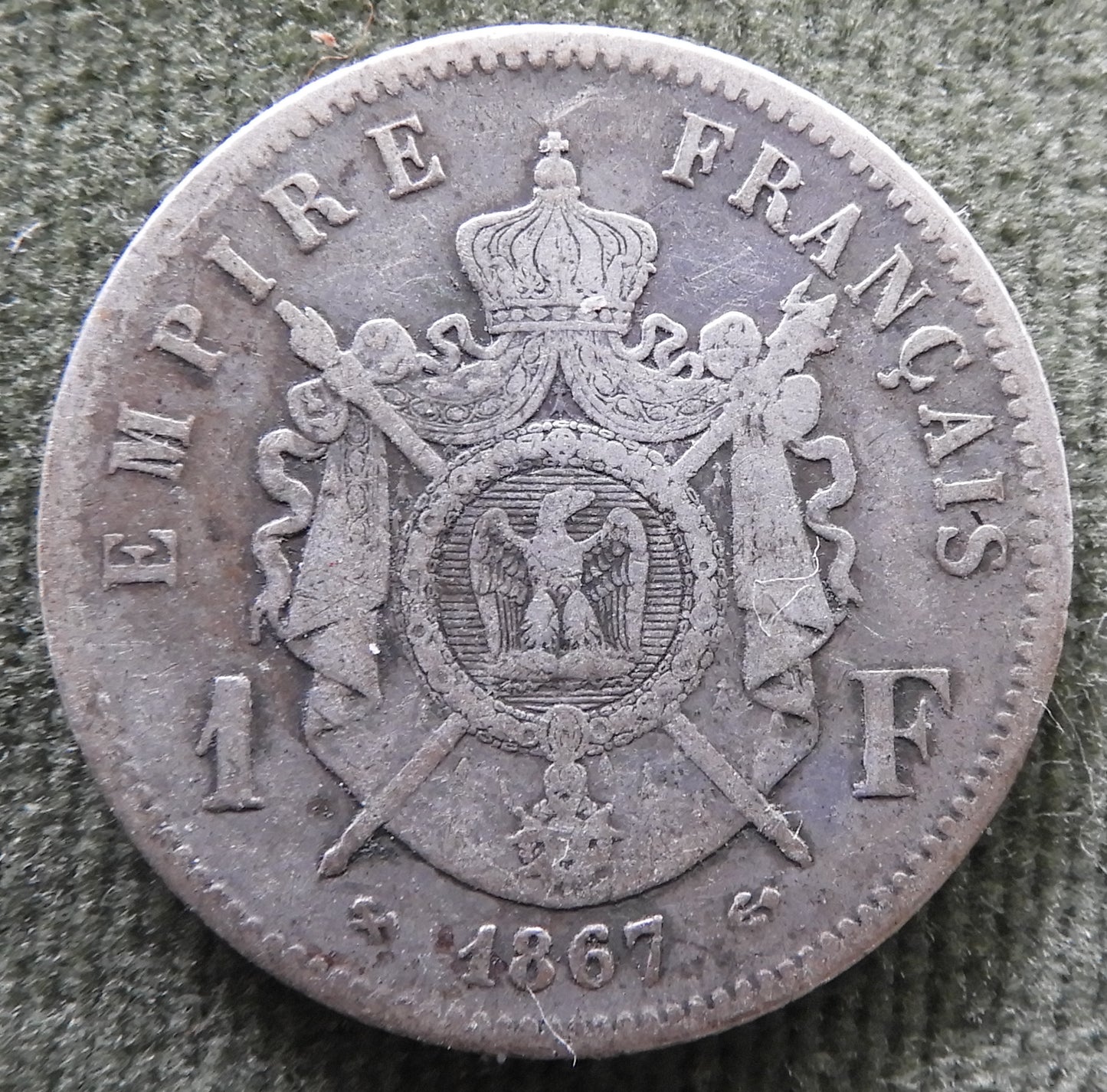 French 1867 1 Franc Coin - Circulated