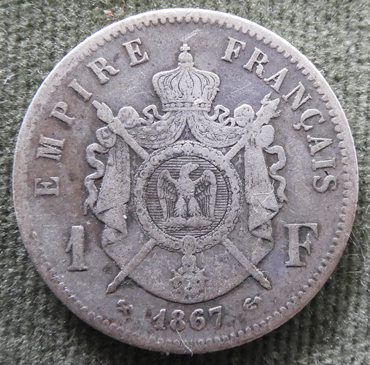 French 1867 1 Franc Coin - Circulated