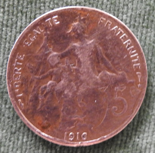French 1916 5 Centimes Coin Liberty Head