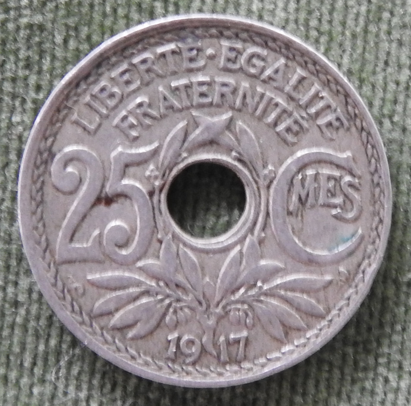 French 1917 25 Centimes Coin Monogram Within Wreath