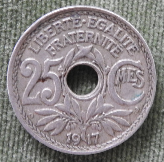 French 1917 25 Centimes Coin Monogram Within Wreath