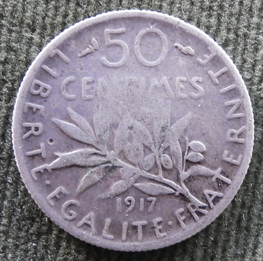 French 1917 50 Centimes Coin - Circulated