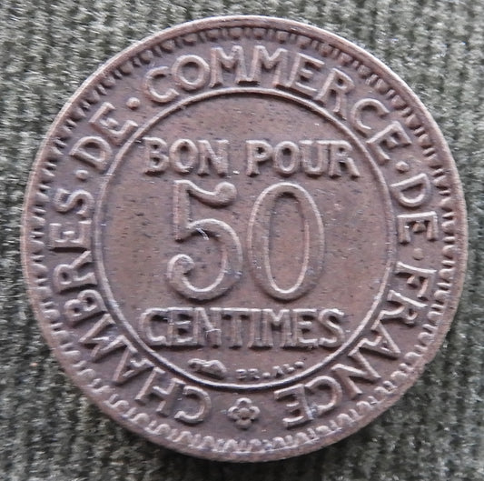 French 1923 50 Centimes Chamber Of Commerce Coin - Commerce Industrie Coin