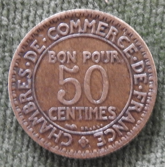 French 1924 50 Centimes Chamber Of Commerce Coin - Commerce Industrie Coin