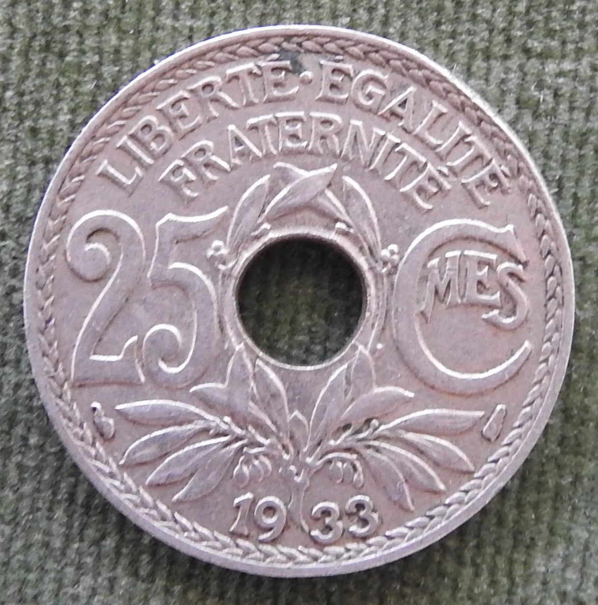 French 1933 25 Centimes Coin Monogram Within Wreath