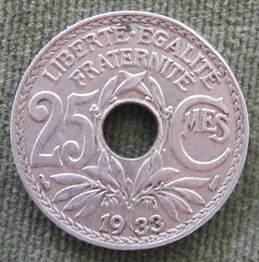 French 1933 25 Centimes Coin Monogram Within Wreath