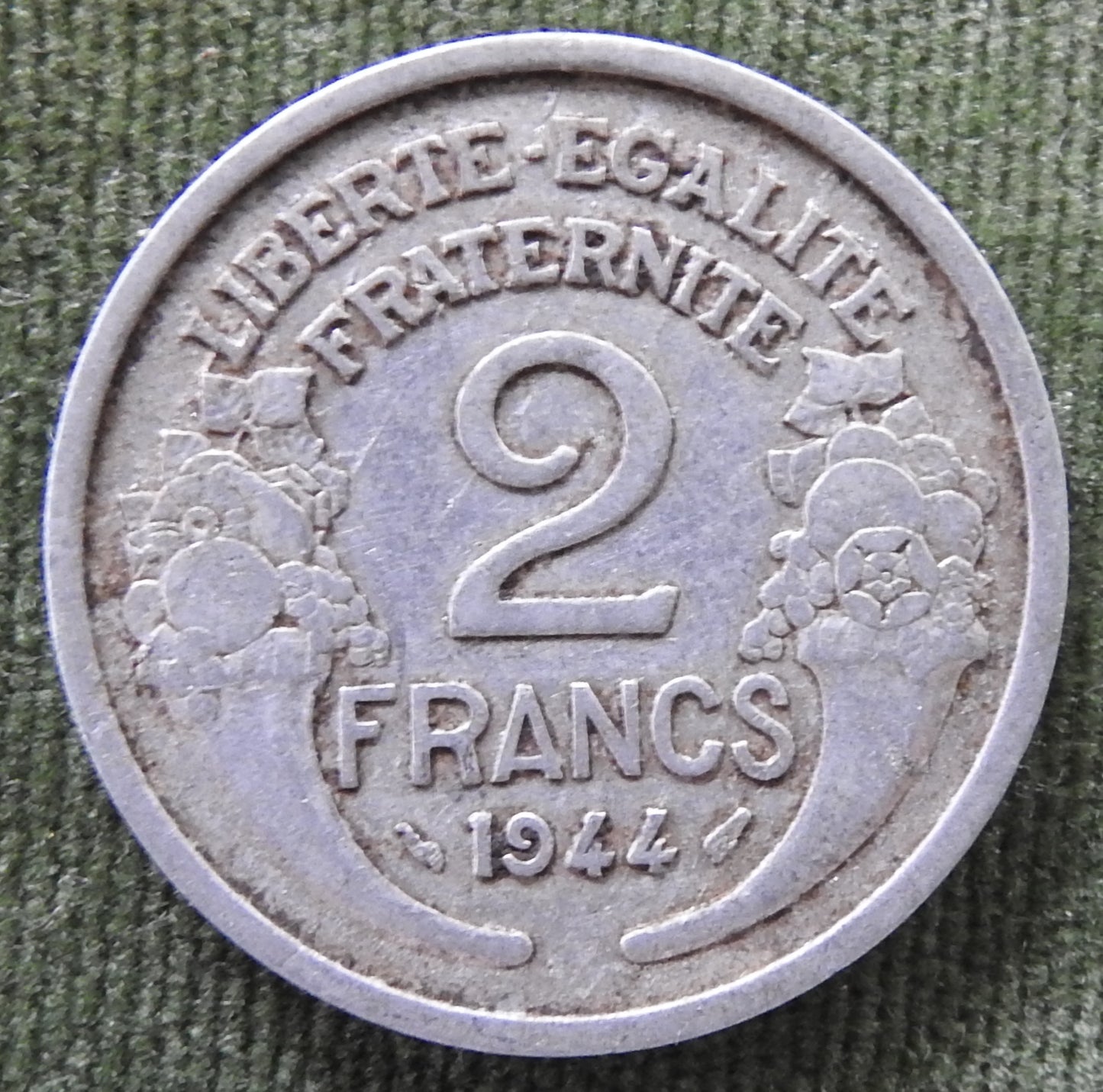 French 1944 2 Franc Coin Wreathed Female Head