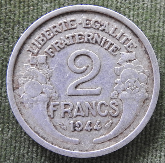 French 1944 2 Franc Coin Wreathed Female Head
