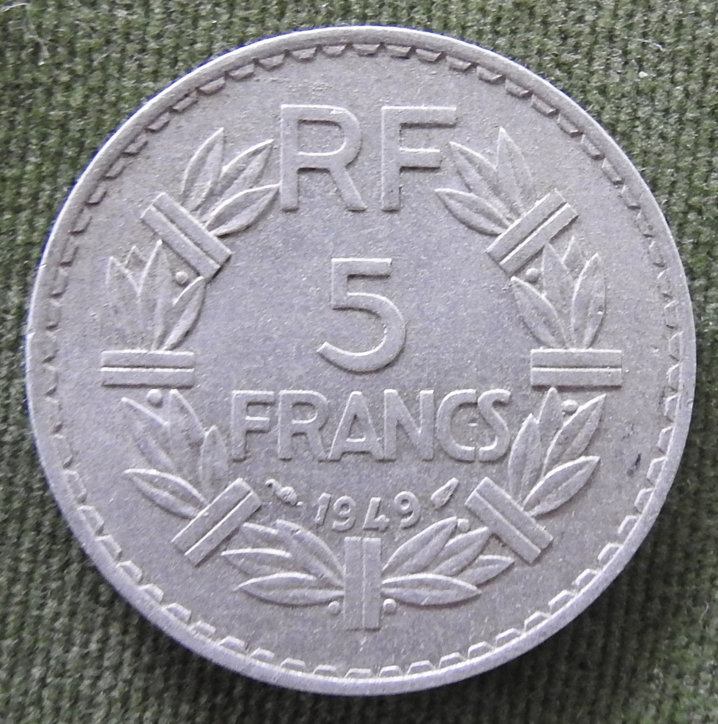 French 1949 5 Franc Coin Laureate Head