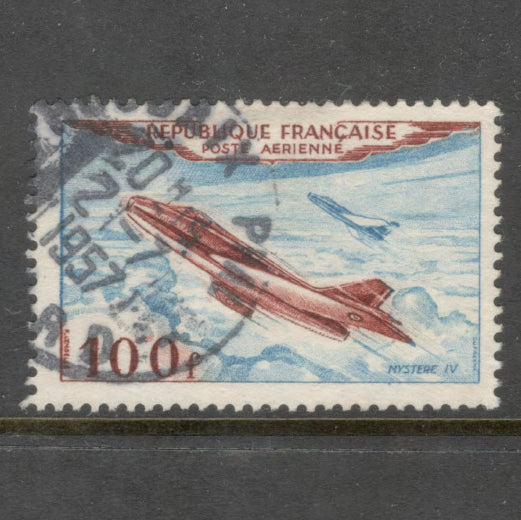 France 1954 100 Franc Mystere IV Airplane Light Blue Brown Airmail Stamp