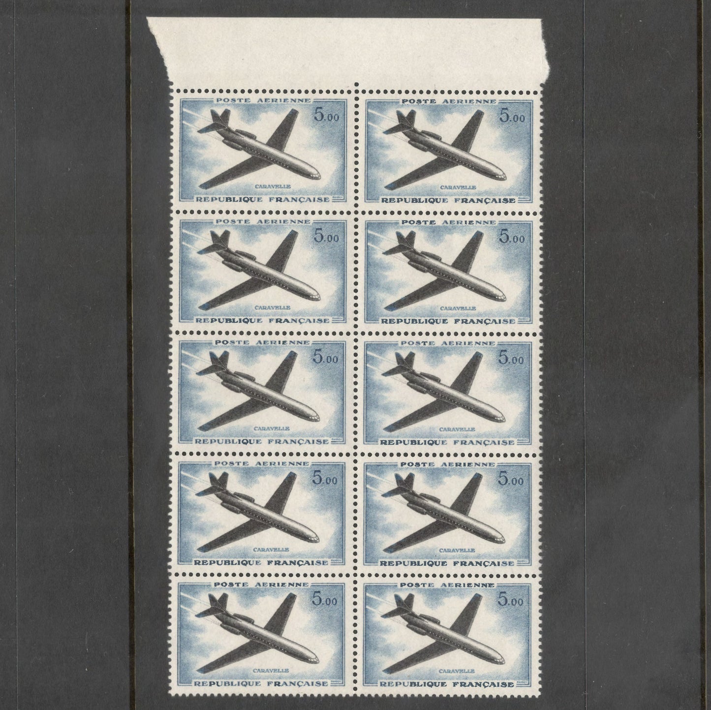 France 1960 5.00 Franc Caravelle Airplane Multicoloured Airmail Stamp Block