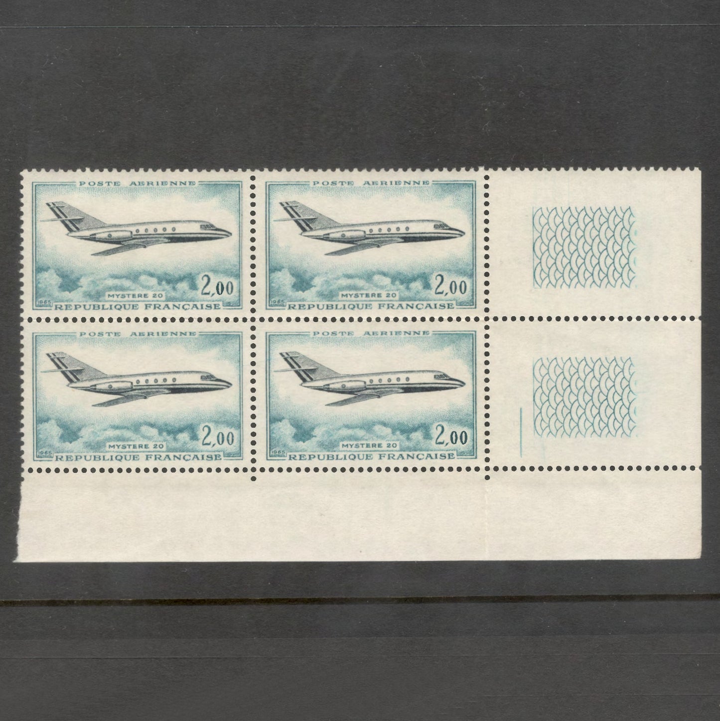 France 1965 Mystere 20 Airplane Greenish Blue Airmail Stamp Block