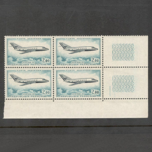 France 1965 Mystere 20 Airplane Greenish Blue Airmail Stamp Block