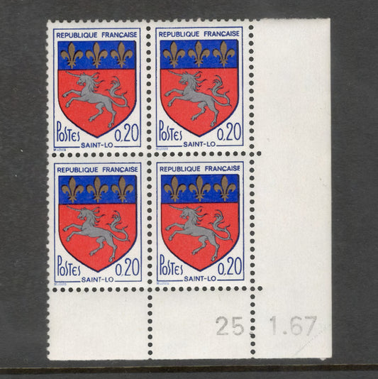 France 1966 City Arms 0.20 Franc Saint-Lo Multicoloured Stamp Block