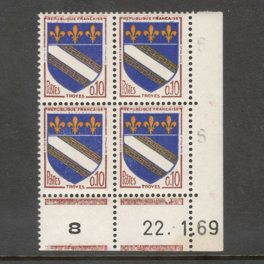 France 1963 City Arms 0.10 Franc Troyes Multicoloured Stamp Block
