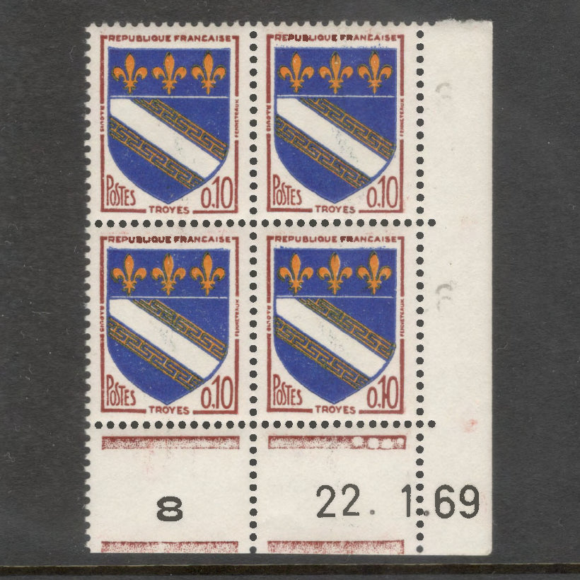 France 1963 City Arms 0.10 Franc Troyes Multicoloured Stamp Block