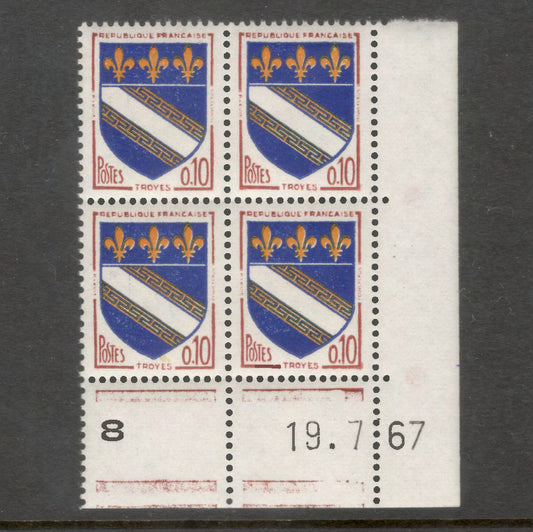 France 1963 City Arms 0.10 Franc Troyes Multicoloured Stamp Block