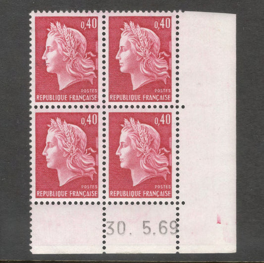 France 1969 Marianne 0.40 Franc Reddish Purple Stamp Block