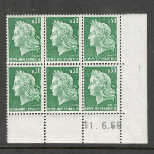 France 1969 Marianne 0.30 Franc Green Stamp Block