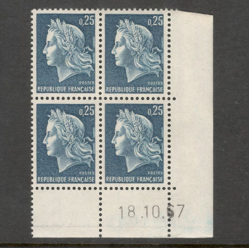 France 1967 Marianne 0.25 Franc Greyish Blue Stamp Block