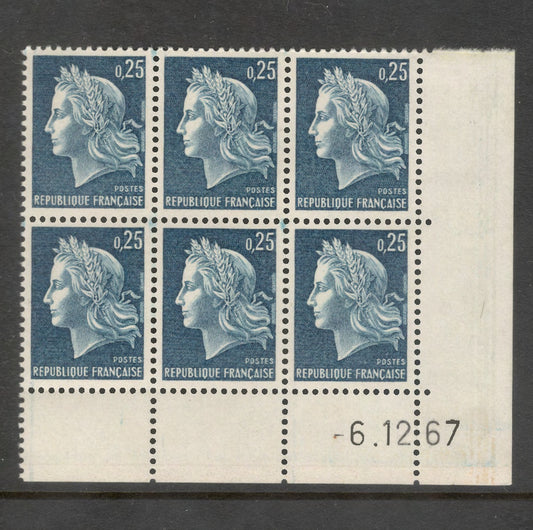 France 1967 Marianne 0.25 Franc Greyish Blue Stamp Block