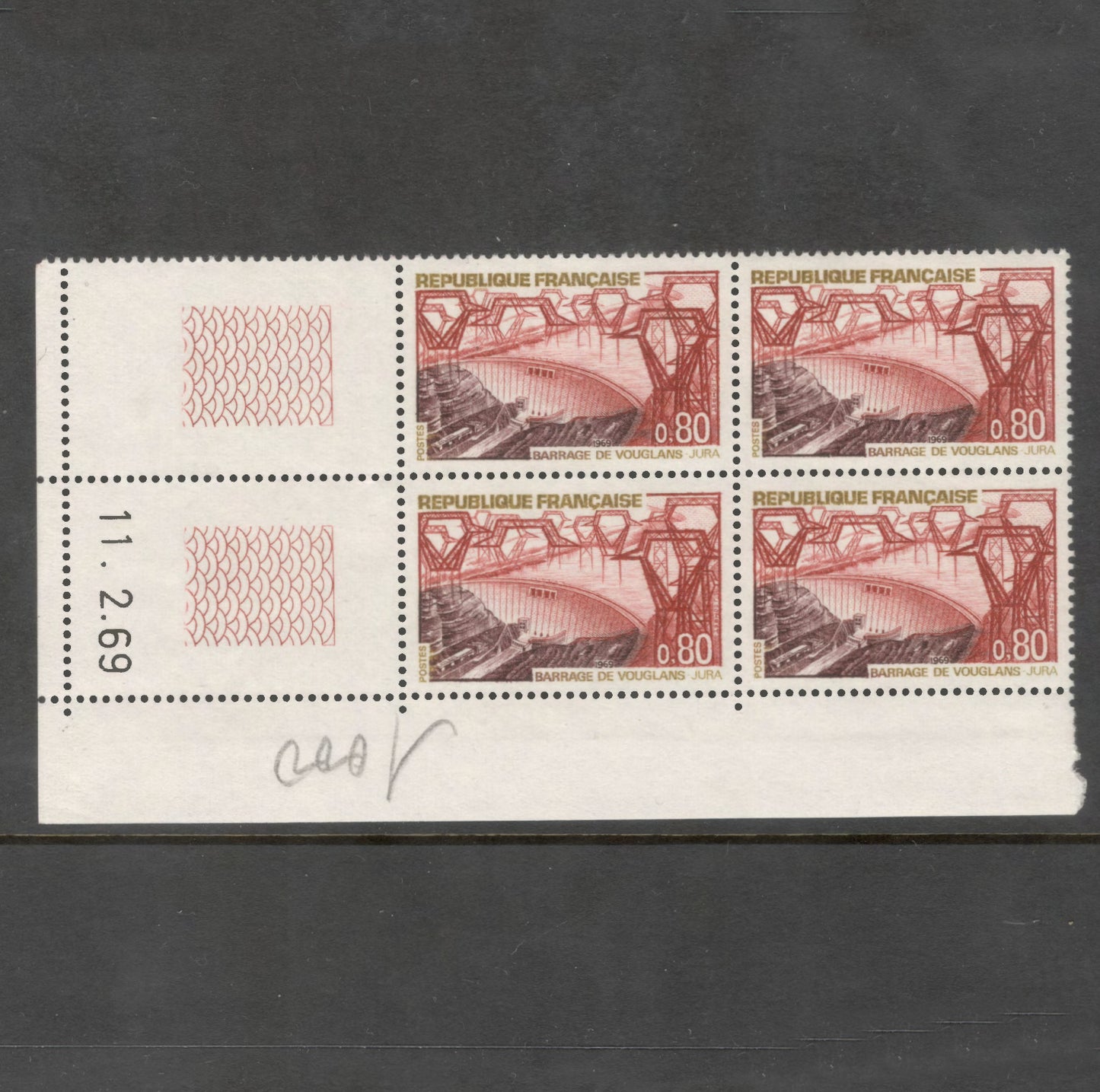 France 1969 Tourist Publicity 0.80 Franc Barrage de Vouglans Jura Multicoloured Stamp Block