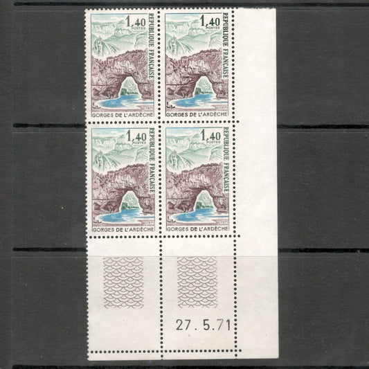 France 1971 1.40 Franc Gorges de L'Ardeche Multicoloured Stamp Block
