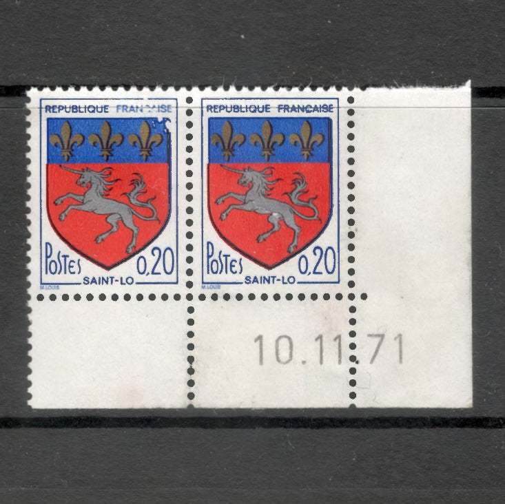 France 1966 City Arms 0.20 Franc Saint-Lo Multicoloured Stamp Pair