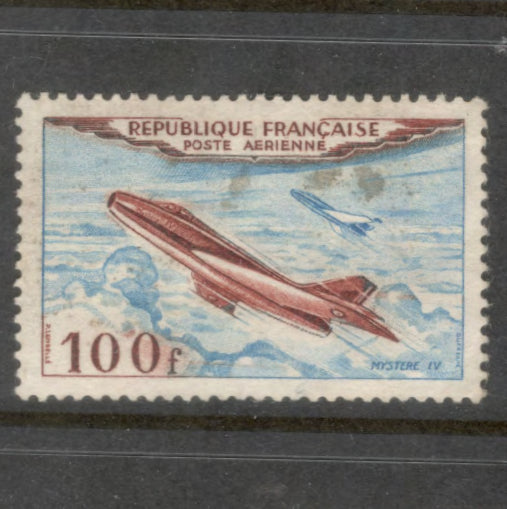 France 1954 100 Franc Mystere IV Airplane Light Blue Brown Airmail Stamp Perfin: 13.0