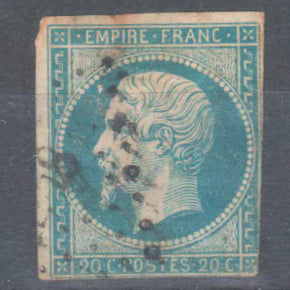 France 1860 French Empire Napoleon III 20 Centimes Type 2 Blue Stamp - Imperforated