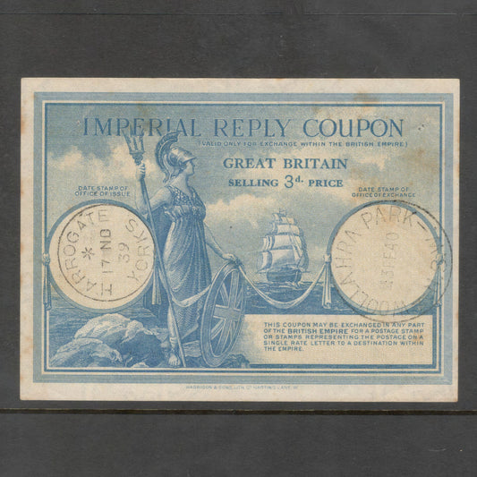 Great Britain 3d Imperial Reply Coupon Issued Harrogate York 17 No 39