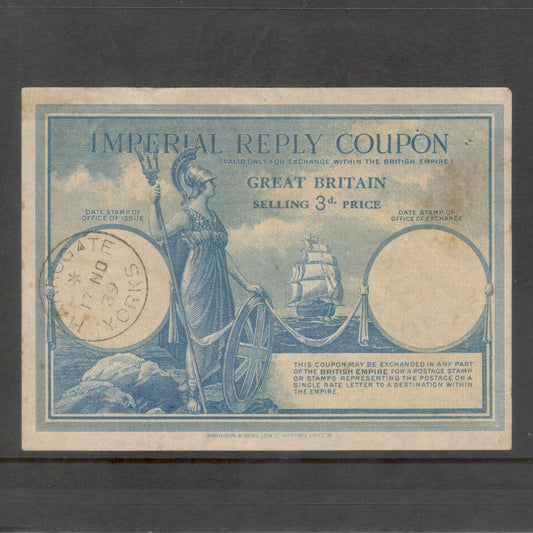 Great Britain 3d Imperial Reply Coupon Issued Harrogate York 17 No 39