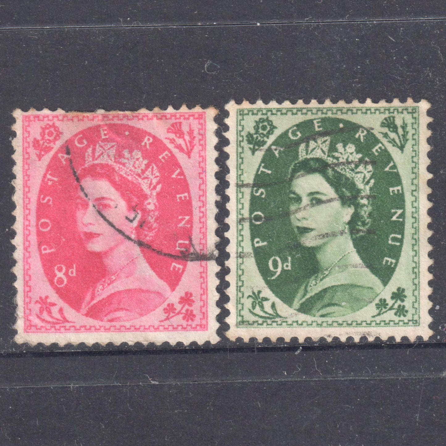 GB UK Great Britain England 1952 - 1954 Queen Elizabeth II Stamp Group of 2 - Perfin:14.75x14.25