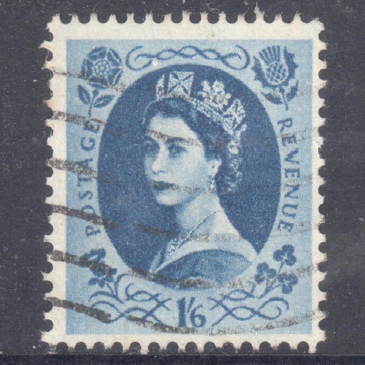 GB UK Great Britain England 1952 - 1954 1'6 Blackish Blue Queen Elizabeth II Stamp - Perfin:14.75x14.25