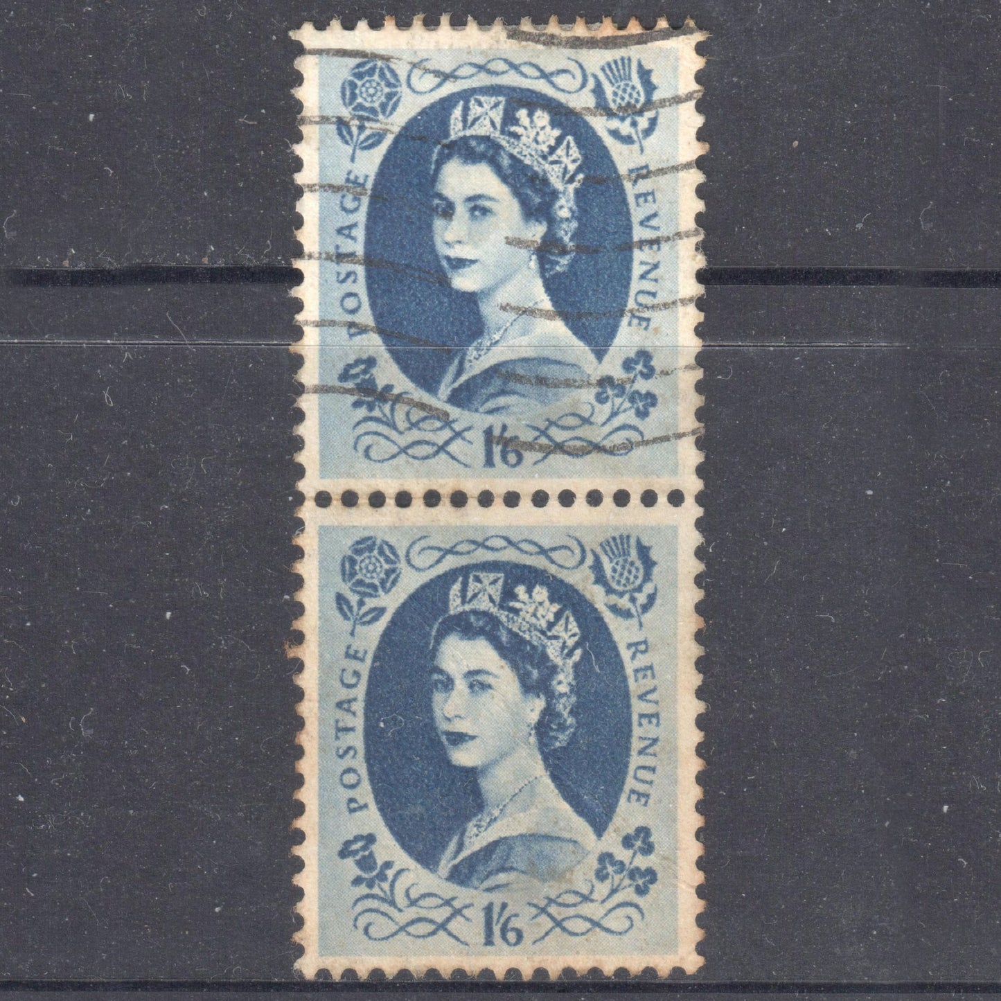 GB UK Great Britain England 1952 - 1954 1'6 Blackish Blue Queen Elizabeth II Stamps (Vertical Pair)- Perfin:14.75x14.25