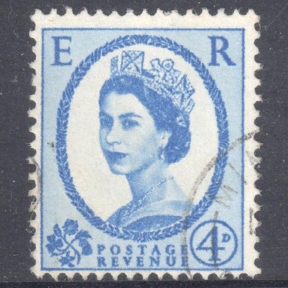 GB UK Great Britain England 1952 - 1954 4 Pence Violet Blue Queen Elizabeth II Stamp - Perfin:14.75x14.25