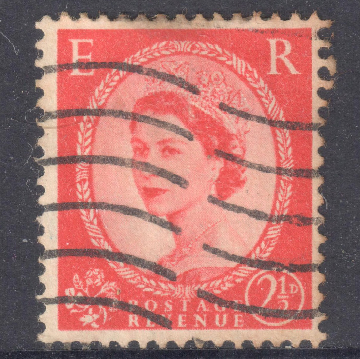 GB UK Great Britain England 1952 - 1954 2 1/2 Pence Carmine Red Queen Elizabeth II Stamp - Perfin:14.75x14.25