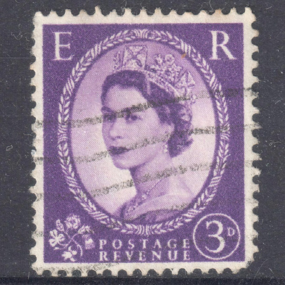 GB UK Great Britain England 1952 - 1954 3 Pence Violet Queen Elizabeth II Stamp - Perfin:14.75x14.25