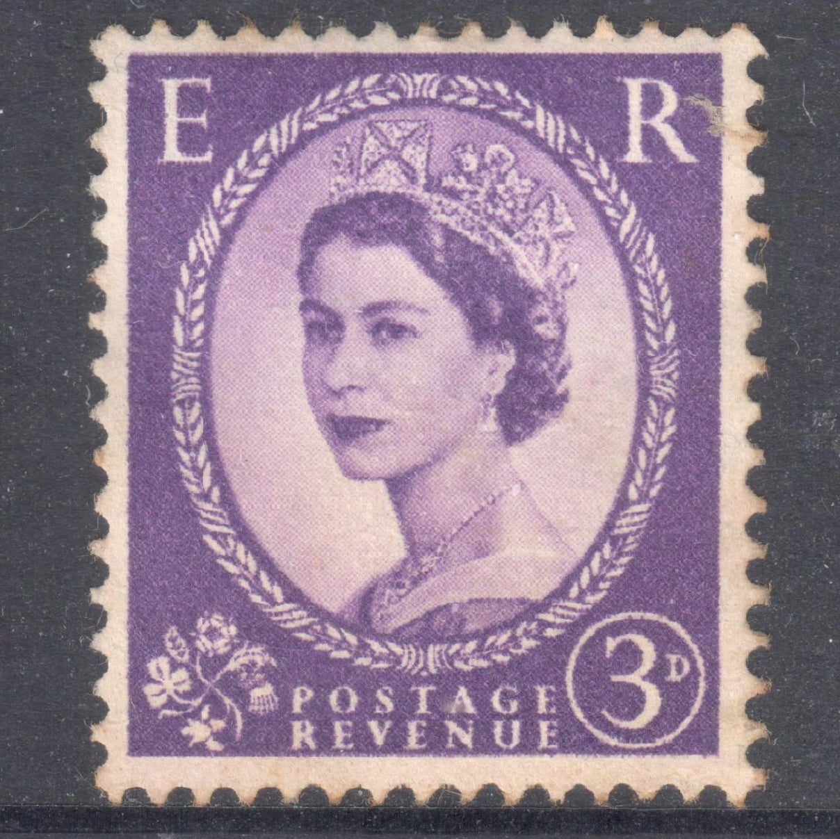 GB UK Great Britain England 1952 - 1954 3 Pence Violet Queen Elizabeth II Stamp - Perfin:14.75x14.25