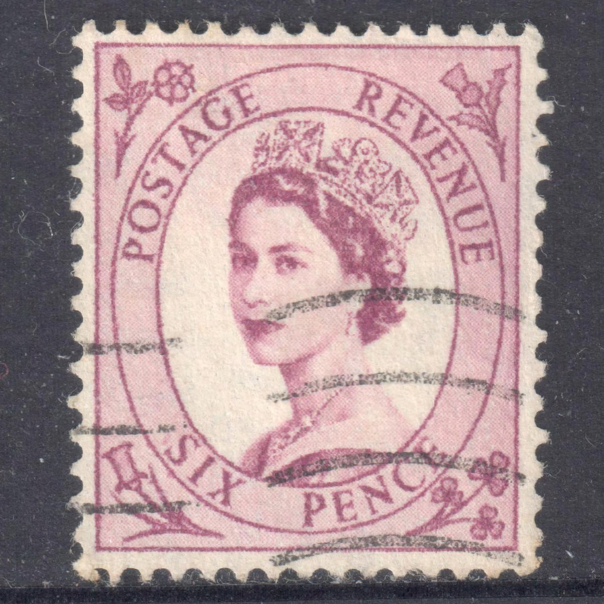 GB UK Great Britain England 1952 - 1954 6 Pence Redish Purple Queen Elizabeth II Stamp - Perfin:14.75x14.25