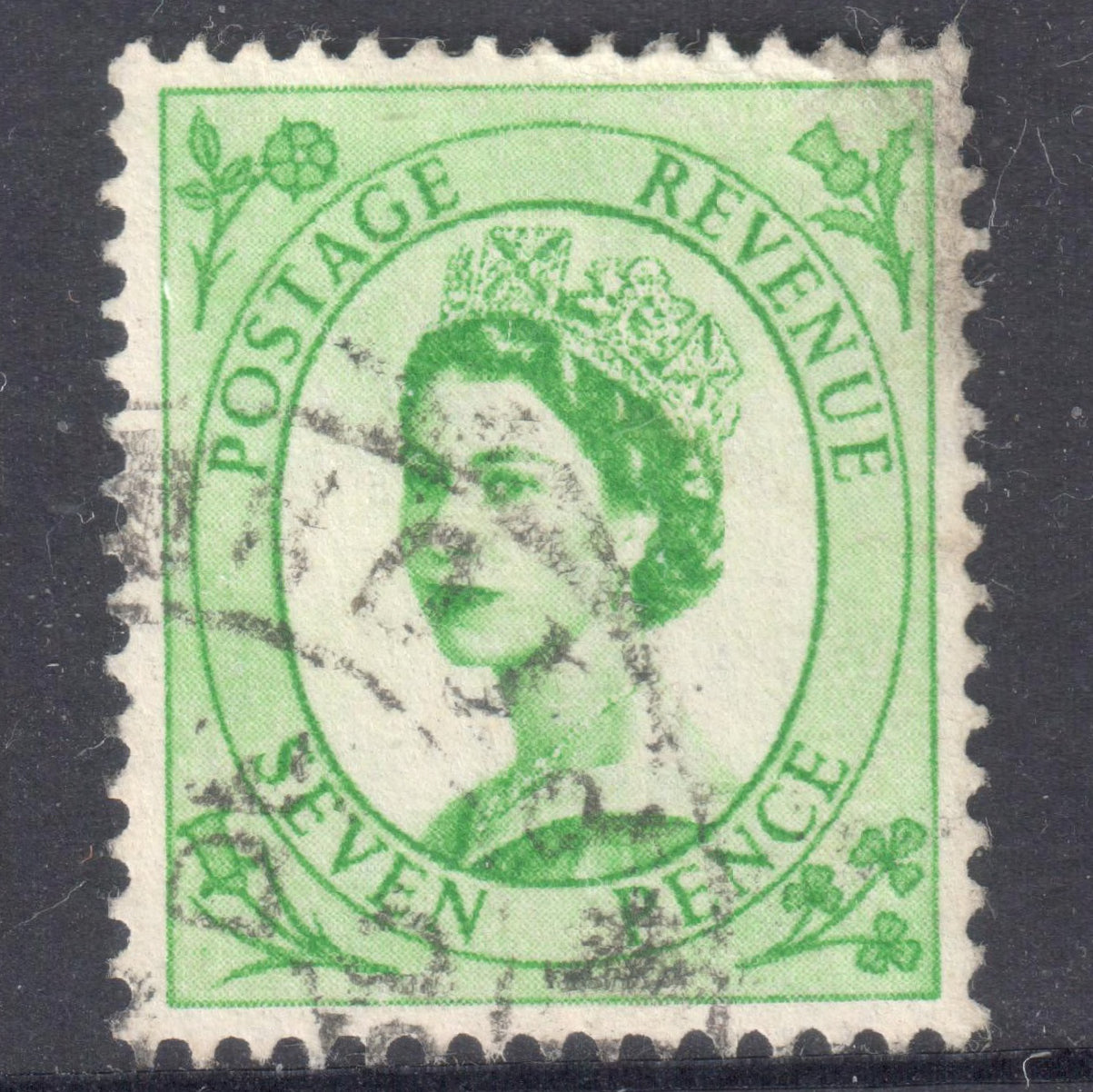 GB UK Great Britain England 1952 - 1954 7 Pence Yellowish Green Queen Elizabeth II Stamp - Perfin:14.75x14.25