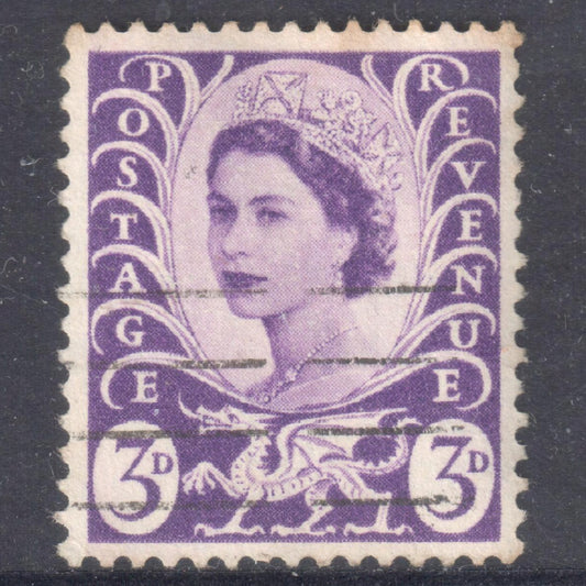 GB - Wales 1958 3 Pence Bluish Violet Queen Elizabeth II Stamp - Perfin:14.75x14.25