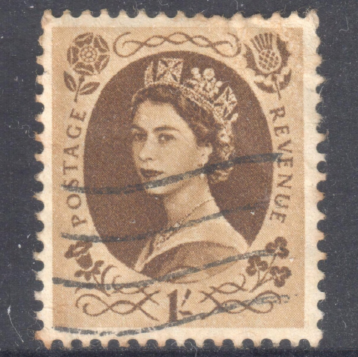 GB UK Great Britain England 1952 - 1954 1 Shilling Olive Brown Queen Elizabeth II Stamp - Perfin:14.75x14.25